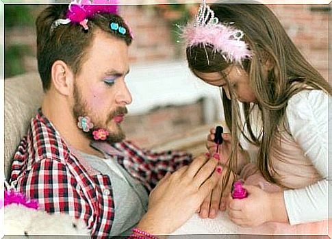 Girl paints father's nails