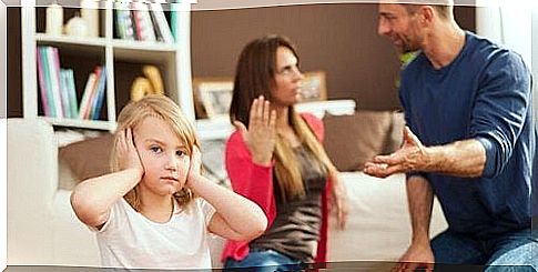 girl holding her ears while parents quarrel