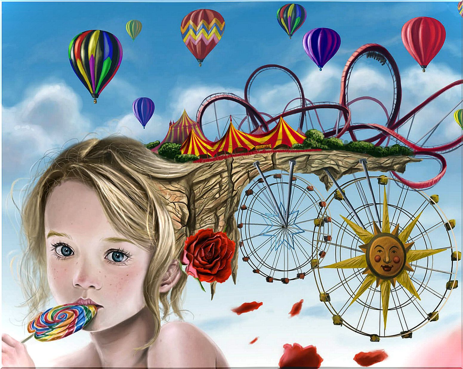 drawing of girl with lollipop and imaginary amusement park