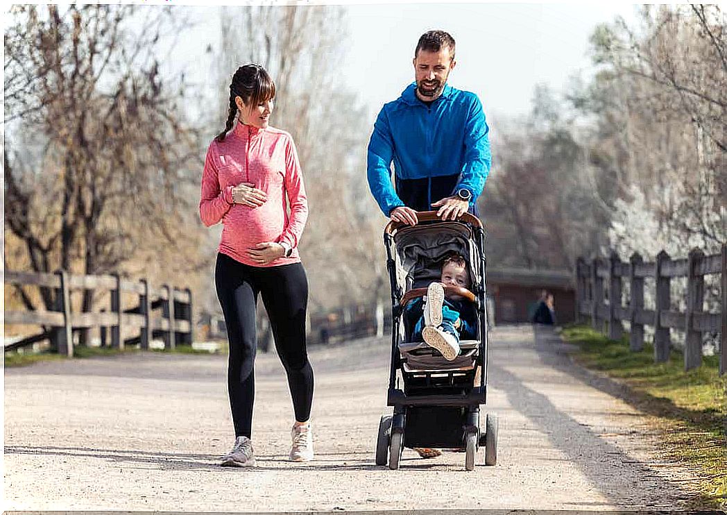 A pregnant woman on a trip with her partner and older son