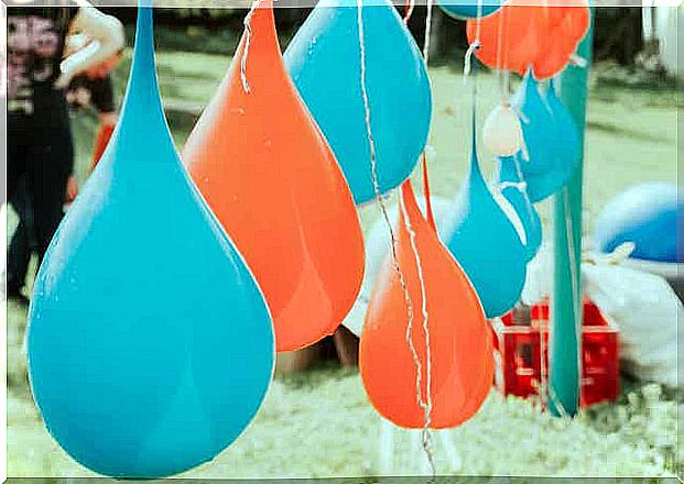 Water balloons hang outside as part of summer games